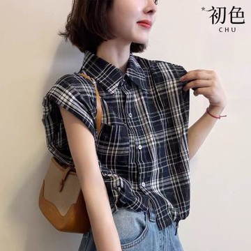 初色 復古撞色格紋簡約百搭寬鬆休閒翻領小飛袖無袖短款襯衫上衣女上衣-格紋-12858(M-2XL可選)