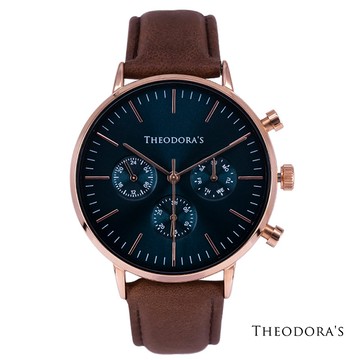 【Theodora's】Apollo 中性三眼真皮腕錶 三眼湖水綠-真皮深棕