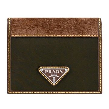 PRADA 2MO004 三角LOGO尼龍麂皮對折式六卡短夾.墨綠/棕