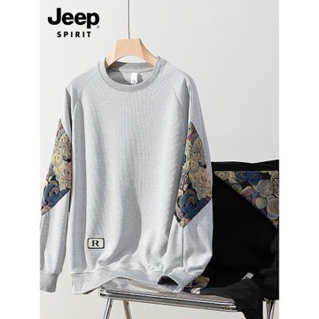 吉普圓領衛衣男春秋季新款2025套頭寬松上衣男士潮流拼接長袖T恤