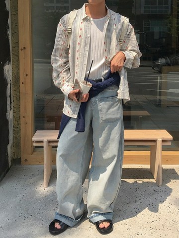 【Metanoia】🇰🇷韓製 花朵刺繡條紋夏日襯衫
