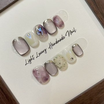紫色追光貓眼穿戴甲 高級銀灰魔鏡粉純手工穿戴甲 超顯白琥珀色猫眼假指甲貼片 光療美甲穿戴甲短款 日常百搭手工美甲片