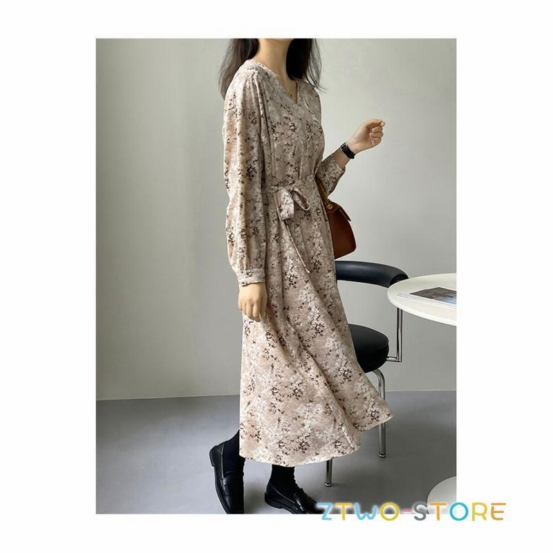 シフォンワンピース 花柄 レトロ レディース 長袖ワンピース V シフォンワンピース 花柄 レトロ レディース 長袖ワンピース V