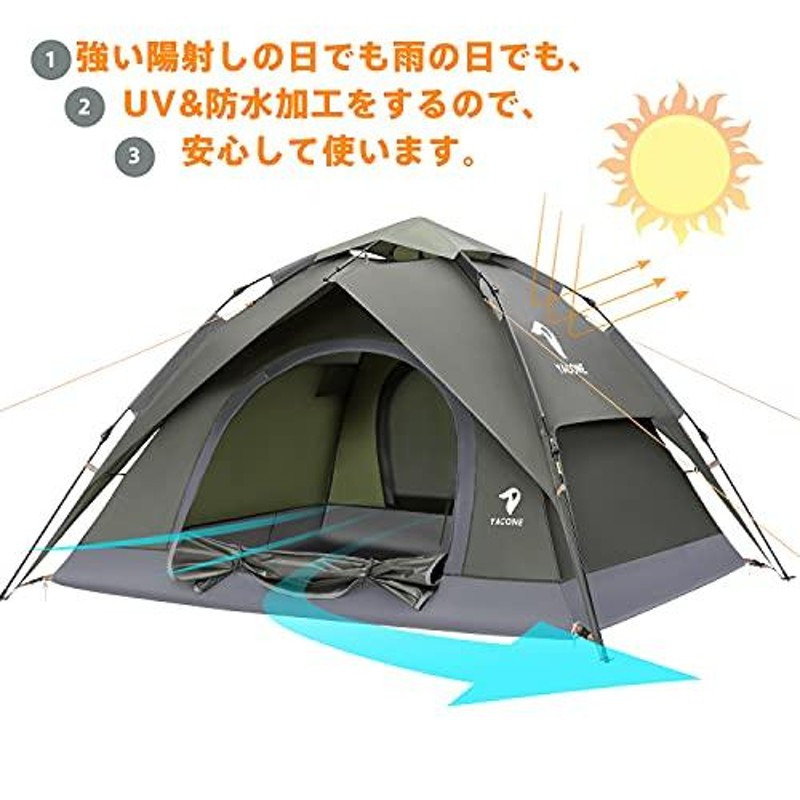 YACONE テント ワンタッチテント 3*4人用 2WAY テント 二重層 設営簡単 uvカット加工 ワンタッチ キャンプ アウトドア 防風 防災用  耐水圧3000mm | LINEショッピング