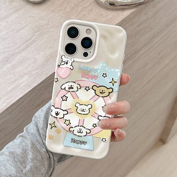 轉輪卡通小白狗 蘋果16Plus保護殼 iPhone17ProMax 15 14 13 12 11 時尚隕石紋理大孔軟殼