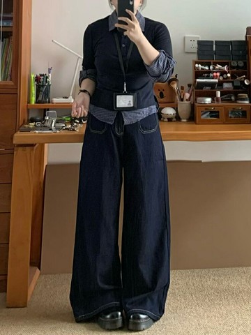 300斤大碼胖mm深藍色闊腿牛仔褲女秋季新款寬松顯瘦直筒拖地褲子鑫弘-素時衣櫥