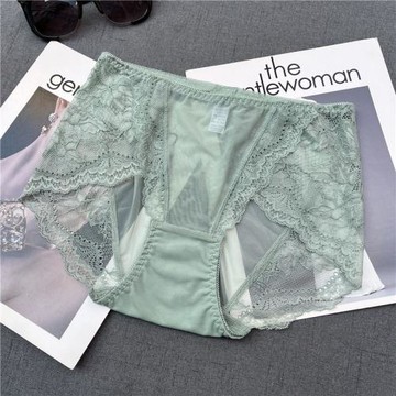 清新淺綠色性感蕾絲少婦內褲柔軟無痕不夾臀女式花邊薄款中腰短褲