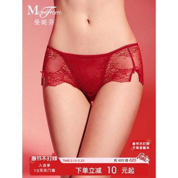 曼妮芬性感蕾絲內褲女士舒適短褲中腰法式浪漫蝴蝶結純棉底襠底褲