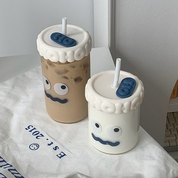臺灣出貨 表情水杯高中生杯子ins高顏值夏季咖啡杯大容量卡通吸管杯玻璃杯