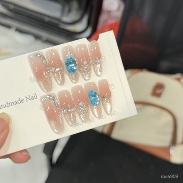 ✨Hannah✨藍鑽-手工穿戴甲高級感小清新春夏波點貓眼藍鑽日常百搭美甲拆卸純手工穿戴甲 SRZQ