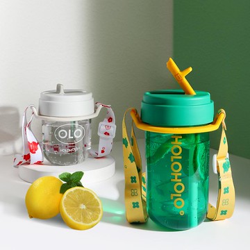 Holoholo｜Tonton Cup 吸管隨行杯 背帶組合－小（300ml） 晴天白雲（藍 x 白色背帶）