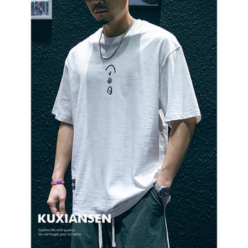 日系竹節棉短袖t恤男夏季寬松潮牌大碼半袖男生圓領簡約百搭體恤