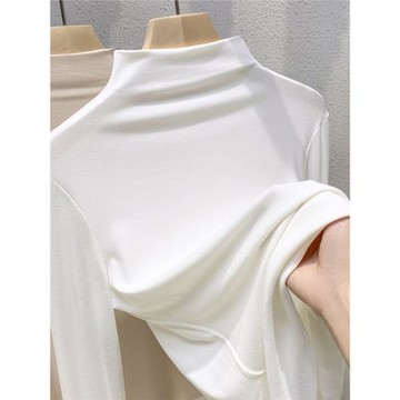 白色半高領長袖t恤女春秋2025新款修身中領內搭高級感打底衫上衣