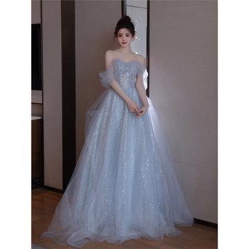 超仙一字肩年會晚禮服女高級感學生日成人禮公主裙宴會主持演出服