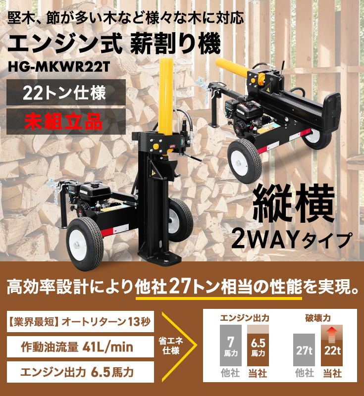 エンジン薪割り機 薪割機 22トン 6.5馬力 縦横兼用 HG-MKWR22T