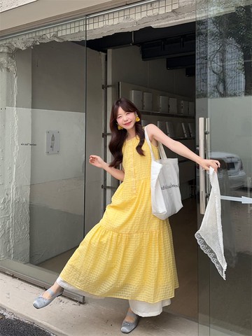 【韓國】馥夢輝金圓領格紋蛋糕洋裝-80795