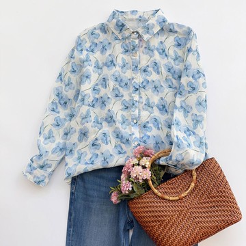 【ACheter】淺藍色碎花長袖防曬襯衫支莥麻薄款法式文藝清新印花上衣# 124648