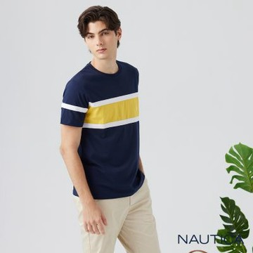 Nautica 官方旗艦 男裝 潮流感跳色拼接條紋短袖T恤-藍色
