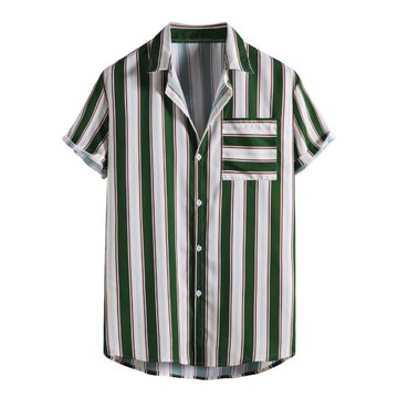 Men Striped Print Slim Fit Short Sleeve Shirt男修身短袖襯衫