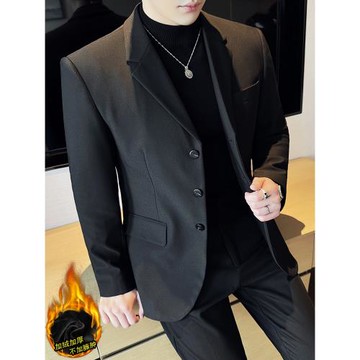 高品質加絨加厚西裝男套裝冬季高級感商務休閑修身保暖西服三件套