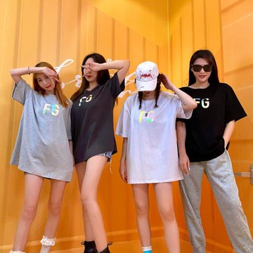 夏季純棉高街純色反光鐳射炫彩字母FG富貴男女同款T恤短袖上衣潮