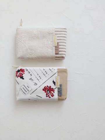 【FWL/雙層小錢包】刺繡線條花 隨手筆記小紅花 日本布