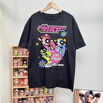 外貿小女警卡通純棉做舊水洗短袖T恤女夏季新款寬松顯瘦百搭上衣