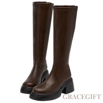 【Grace Gift】長腿歐膩彈力輕量厚底顯瘦靴 咖