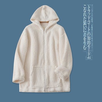 毛絨外套  秋冬新外貿女裝簡約寬松保暖連帽領拉鏈長袖外套26742