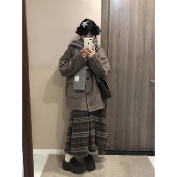 大碼復古格子毛呢a字半身裙女胖mm小個子秋冬高腰遮胯顯瘦百褶裙