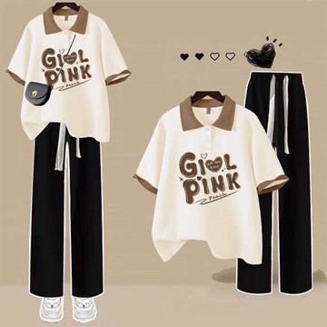 單/套裝夏季學院風穿搭女學生韓系寬鬆polo短袖T恤寬褲兩件式