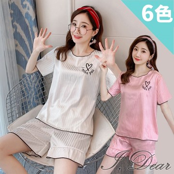 I.Dear-韓系清新居家風冰絲綢愛心荷葉邊短袖短褲睡衣兩件組(5色)