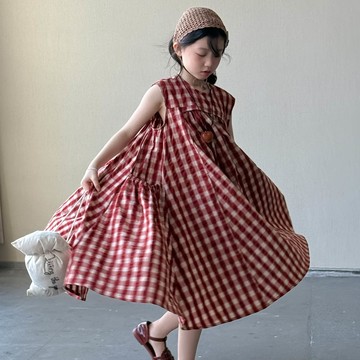 Wawama - 圓領無袖長洋裝-格子-紅色