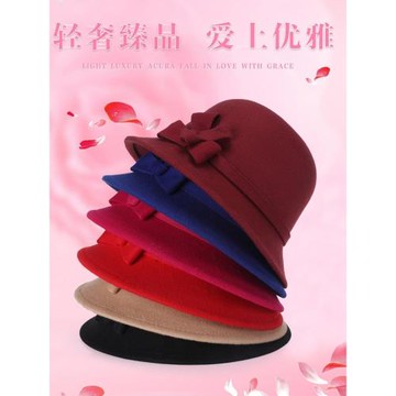 大紅色帽子春秋款單冒毛呢禮帽女士時尚百搭韓版蝴蝶結圓頂漁夫帽