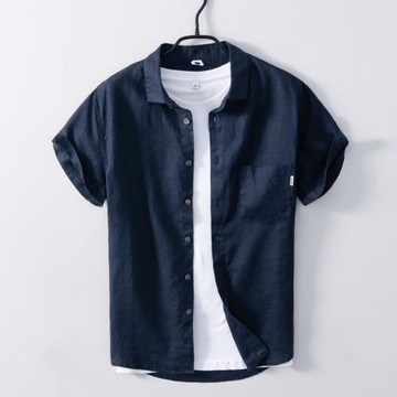 夏季日系休閑純麻襯衫短袖男士薄款寬松深藍亞麻透氣百搭簡約寸衣