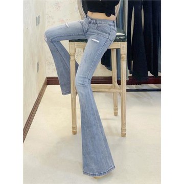 2025秋季音率新品薄款淺藍色彈力加長低腰大喇叭牛仔褲磨破洞女潮