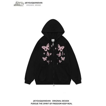 日系甜酷風蝴蝶涂鴉拉鏈開衫衛衣女辣妹潮牌寬松休閑綁帶連帽外套