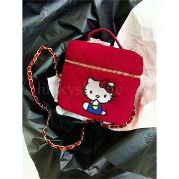 kitty化妝洗漱包韓國小眾貓咪小香風菱格鏈條手拎單肩斜挎盒子包