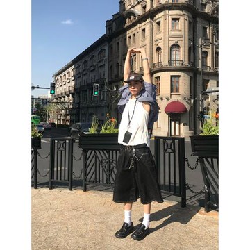 R1DGE美式復古基礎款闊腿牛仔七分褲男女夏季寬松休閑運動短褲