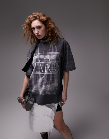 Topshop graphic Paris oversized tee in washed black-Blue