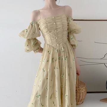 法式連衣裙夏季新款溫柔風復古一字領桔梗裙高端裙子仙女超仙森系