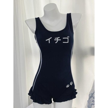 【台灣發貨】日系萌妹印花泳衣 連體木耳邊修身 顯瘦拍照泳裝 藏藍色好穿 溫泉度假款 免打孔 免打孔 免打孔 男女同款