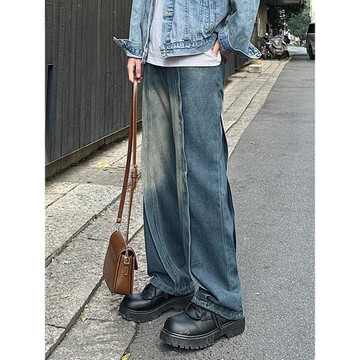 美式秋季水洗牛仔褲男款潮牌設計感拼接直筒褲cleanfit工裝長褲子