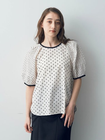 復古圓點滾邊設計燈籠袖襯衫(7A46L0A0100) - YECCA VECCA