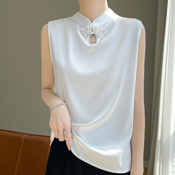 【巴黎精品】緞面背心絲質馬甲-立領珍珠盤扣中國風女上衣3色a1iz92