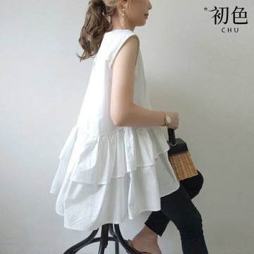 初色 日系純色圓領無袖荷葉邊拼接層次背心上衣女上衣-共7色-14541(F可選)