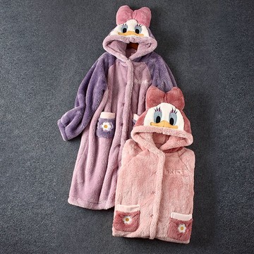 1216-16 呆萌可愛 中長款珊瑚絨睡衣家居服卡通裝飾連帽睡袍浴袍1入