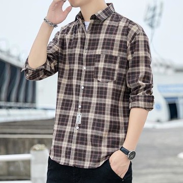 潮牌格子長袖襯衫男潮流寬松外穿春秋季寸衫日系修身帥氣休閑襯衣