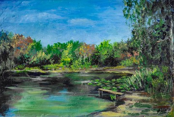 白樺畫 原創壓克力藝術 碼頭畫 湖泊畫 森林風景