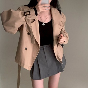 【太妮絲S407】現貨 人氣爆款 韓系 初秋！短版風衣外套 雙排釦 chic 綁帶 西裝領 風